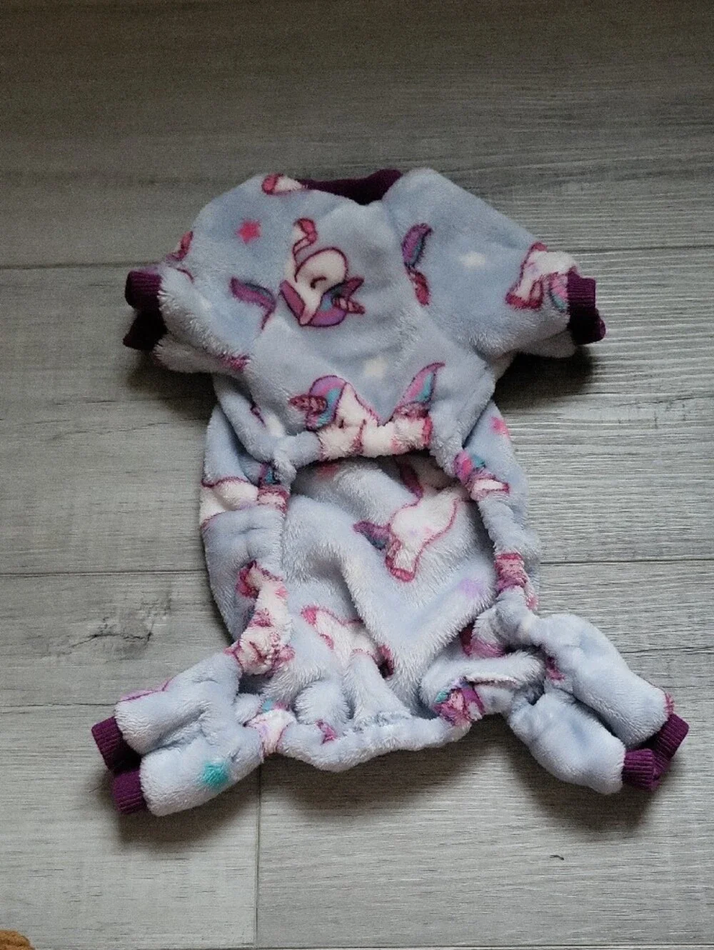 Cozy Unicorn Fleece Dog Pajamas - Light Blue with Purple Trim